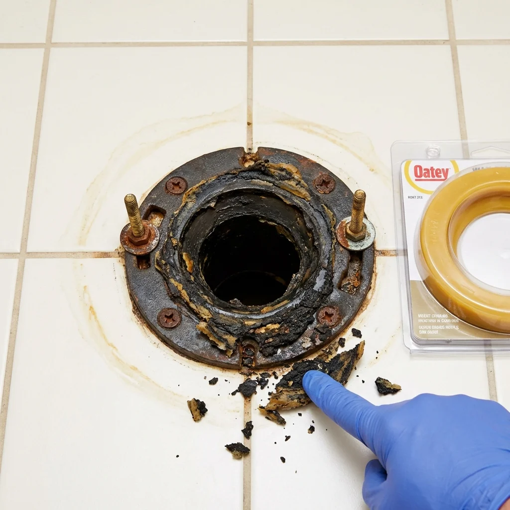 Failed wax ring showing water seepage at the base of a toilet in a Albany, MN home