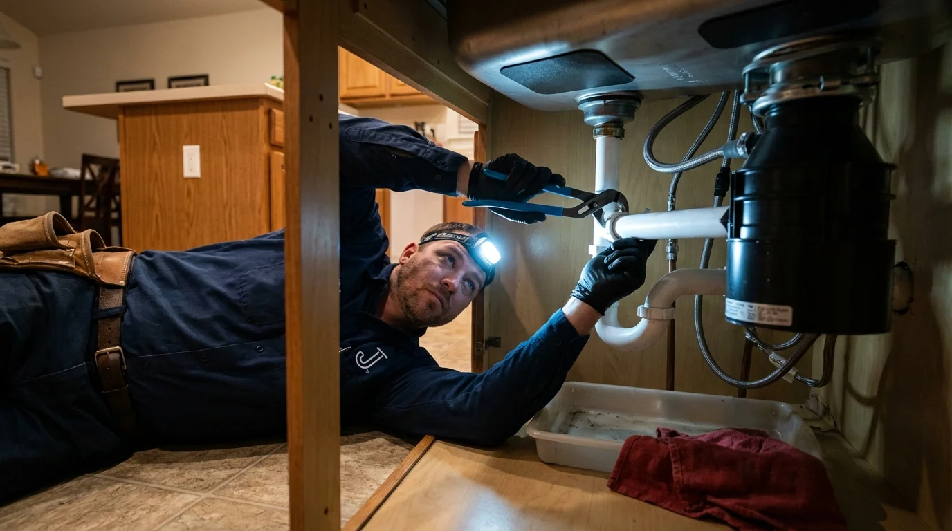P-trap and supply line connections under a kitchen sink showing a common leak point in Albany, MN